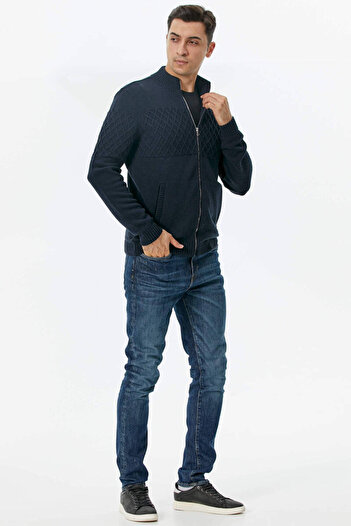 Sementa Stand Collar Zippered Pocket Knitwear Cardigan - Navy Blue