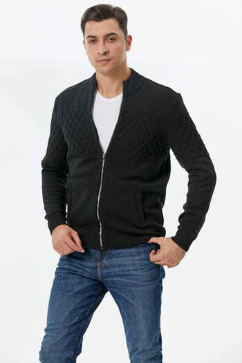Sementa Stand Collar Zippered Pocket Knitwear Cardigan - Black