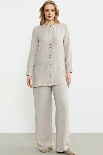 Sementa Linen Look Shirt Trousers Suit Stone Model