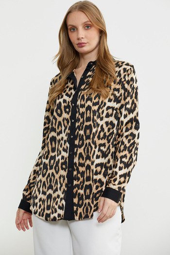 Sementa Leopard Patterned Large Size Tunic Shirt - Black
