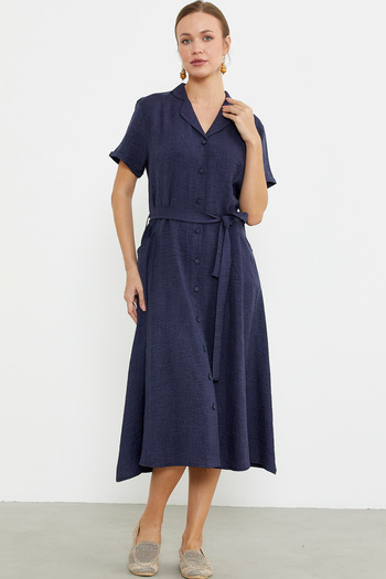 Sementa Linen Look Pocket Shirt Dress - Navy Blue