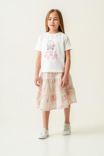 Magu Girl's Cotton Ecru Pink Floral Skirt Suit - Linen Texture