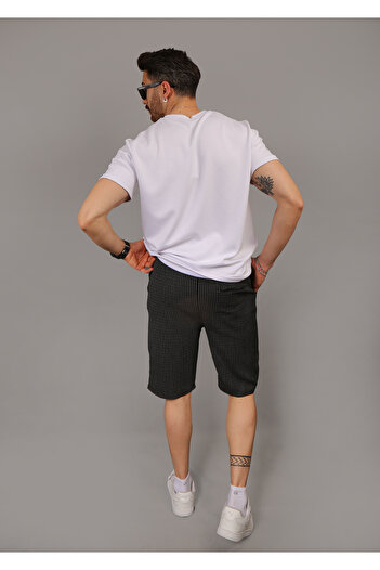 EydaMoon Men's Line Pattern Lycra Jogger Elastic Waist Back Pocket Zippered Summer Shorts