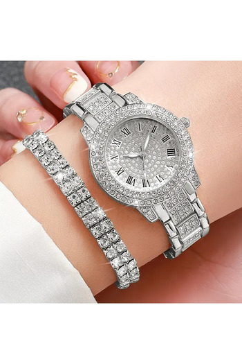 Monarque Gümüş Kaplama Elegant Roman Dial Kuvars Takı Seti - Kolye, Küpe, Bileklik, Yüzük ve Saat