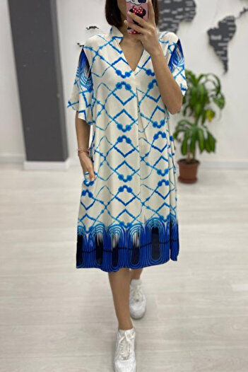 AYASOFYA OTANTIK Rochie midi cu mânecă scurtă, cu mânecă scurtă, cu mânecă scurtă, cu buzunare laterale, cu model