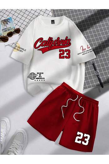 PENTHİLUS Casual Letter Print Crop T-Shirt and Lace-Up Waist Shorts 2 Piece Set