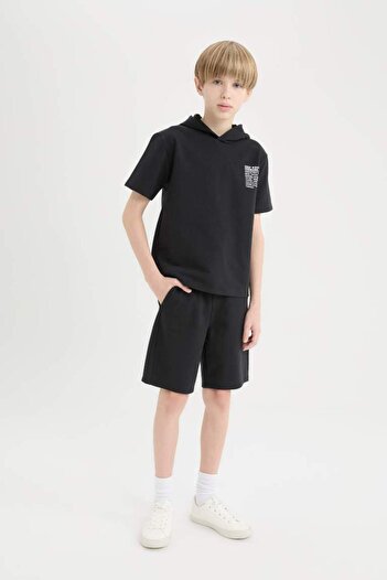 DeFacto Boys' 2-Piece Set Hooded Printed Short-Sleeved T-Shirt Elastic Waist Shorts E2850A825Sm