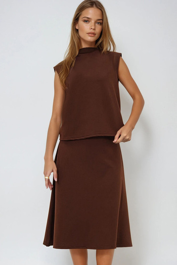 VAGGON Women's Brown Stand Collar Sleeveless Blouse Skirt Suit Prmx13485