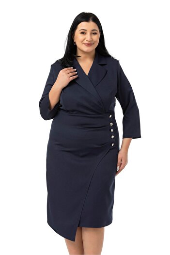 DISENTIS MODEST Large Size Double Breasted Jacket Lapel Ornamental Button Detail Three Quarter Sleeve Navy Blue Dress