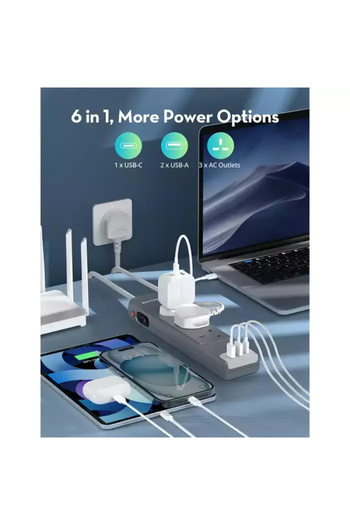 RavPower 6-in-1 Power Strip 3 Outlets With 3 USB Ports - 3 Meter - Grey - RP-PC1038
