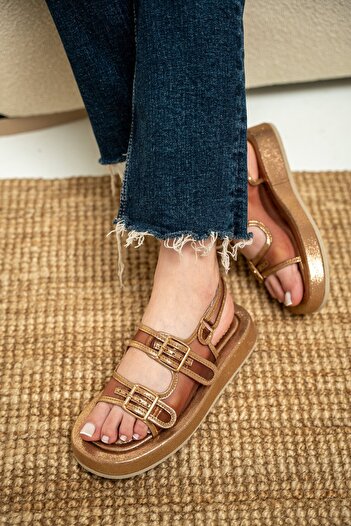 LAMİNTA Purly Bronze Double Buckle Women's Ballerinas