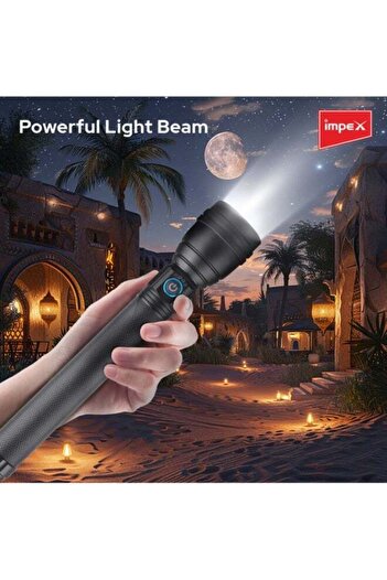 İMPEX Impex Rechargeable Led Flashlight - Lumin X2, Bright Long Range Beam Aircraft Aluminium, 220mm Black