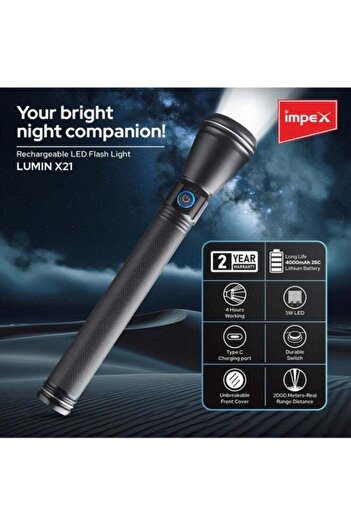 İMPEX Impex 2000mah Rechargeable Led Flashlight - Lumin X21, 1200m , Aircraft Aluminium Body, Cree Led