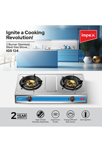 İMPEX Impex Stainless Steel Gas Stove - Igs 124 | Auto Ignition | High-efficiency Blue Flame | Spill Tray