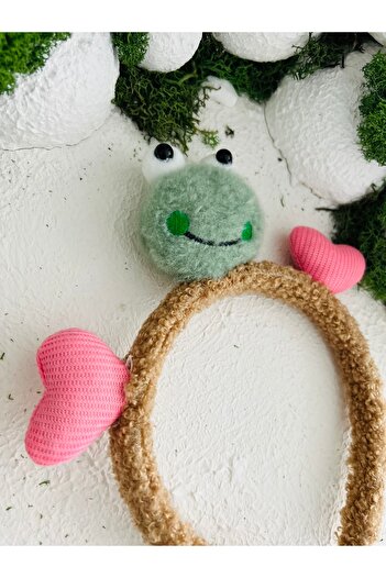 Derin Düşler Plush Frog Crown Frog Hair Accessory with Frog Eye and Heart Figures Brown