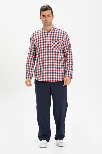 Eliş Şile Bezi Long Sleeve Sile Cloth Single Pocket Prevailing Collar Men's Summer T-shirt Red Navy Blue Checked 3008