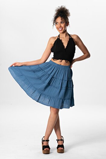 Eliş Şile Bezi Benan Elastic Waist Short Summer Muslin Skirt Indigo indg