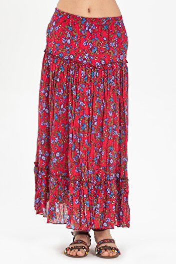 Eliş Şile Bezi Buse Voile Long Summer Skirt Bud Pattern Red 6164