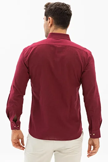 Eliş Şile Bezi Long Sleeve Slim Fit Şile Cloth Single Pocket Men's Summer Shirt Dark Claret Red 3068