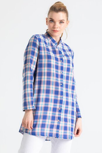 Eliş Şile Bezi Women's Şile Cloth Judge Collar Summer Tunic Saks Plaid 3060