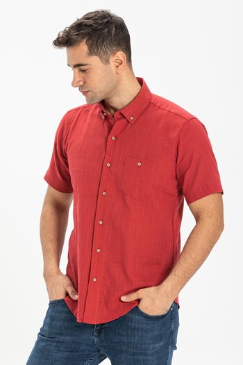 Eliş Şile Bezi Short Sleeve Slim Fit Şile Cloth Single Pocket Men's Summer Shirt Red 3051