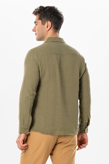 Eliş Şile Bezi Long Sleeve Muslin Summer Men's Shirt Khaki Hk