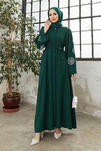 VAVİNOR Liva Stone Abaya with Arms - Emerald