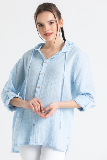 Eliş Şile Bezi Long Sleeve Hooded Women's Summer Muslin Sweatshirt Ice Blue Bmv