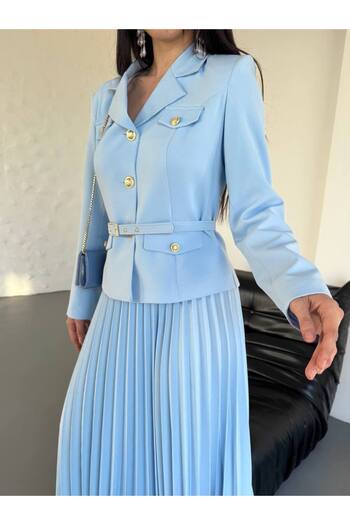 buqre's moda Premium Pleated Gold Buttoned Belted Jacket Skirt Set