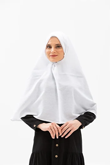 Eliş Şile Bezi Easy to Connect Sile Cloth Umrah Headscarf with Elastic and Lace Detail White Byz