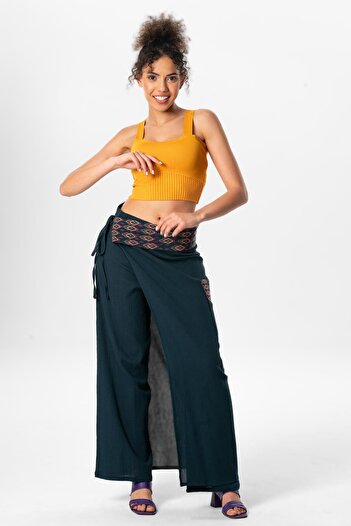 Eliş Şile Bezi Sile Cloth Embroidered - Summer Authentic Trousers with Tie Detail - Petrol Ptrl