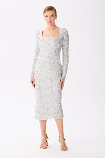 Carmen Silver Long Sleeve Sequined Evening Dress