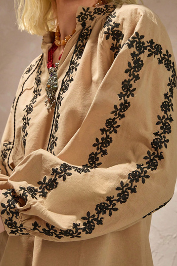 VAGGON Women's Beige Ethnic Patterned Balloon Sleeve Tie Front V-Neck Blouse Prm1374