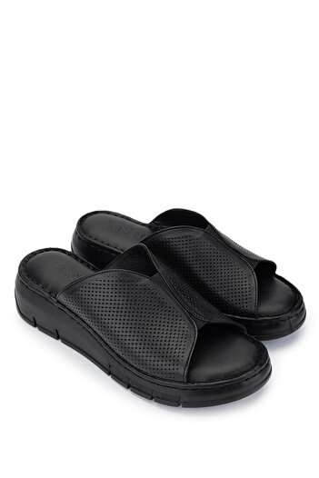 Tamer Tanca Women's Genuine Leather Black Leather Heeled Slippers