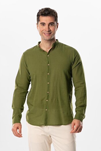 Eliş Şile Bezi Long Sleeve Poplin Aegean Men's Summer Shirt Khaki Hk