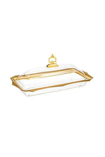 Dania Rectangular acrylic serving plate with a golden cover for pastries, sweets, and all buffets, size 50*27 cm