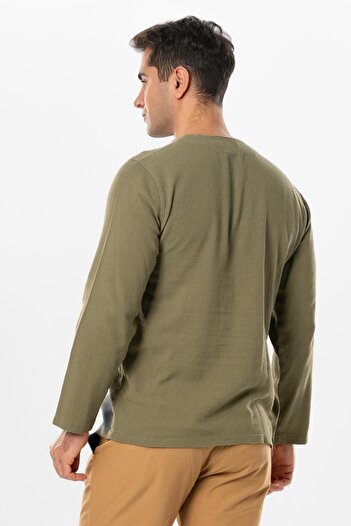 Eliş Şile Bezi Halicarnassus Long Sleeve Violet Button Detailed Men's Summer T-shirt Khaki Hk