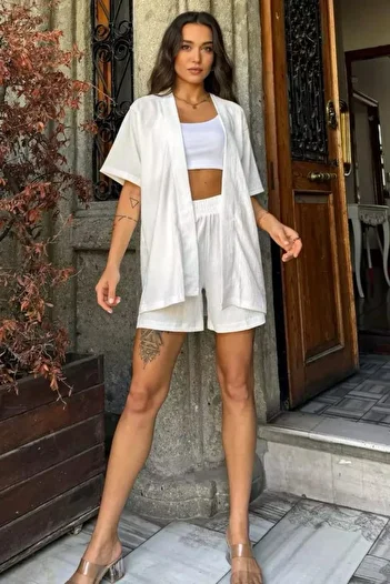 Shine Stone Women's Wrinkled Fabric Kimono Shorts Set