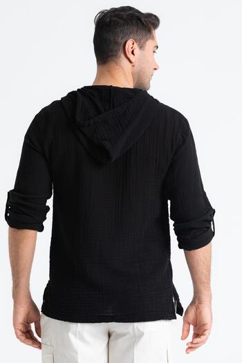 Eliş Şile Bezi Long Sleeve Men's Hooded Summer Muslin Sweatshirt Black Syh