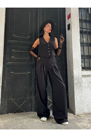 minaaise Black Pleated Oversize Polyviscon Trousers 28005