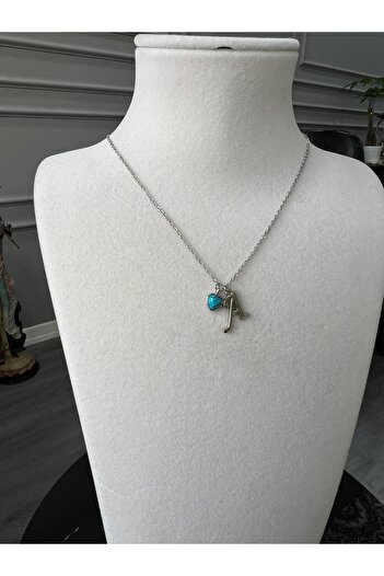 Store Letter a Necklace Natural Stone Turquoise with Heart Charm with Steel Chain