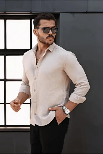 Valiberta Breathable Half Oversize Muslin Fabric Men's Shirt with Long Sleeve Collar - Beige