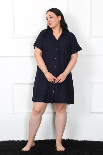 Akbeniz Navy Blue Buttoned Large Size Tunic Nightgown - 1022