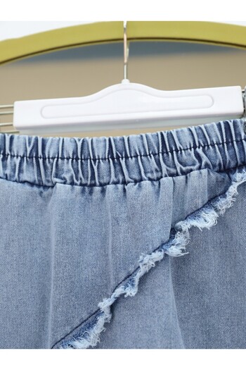 Modamorfo Fusta de blugi cu talie elastică cu ciucuri - Ice Blue