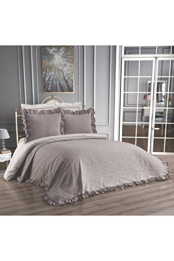 white rabbit home Lady-Beige Double Ruffled 100% Cotton Bedspread Set