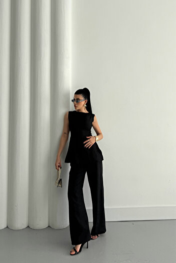 Edolika Jacquard Linen Sleeveless Bluz-Pants Tk - Black