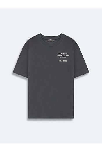Ltb Short Sleeve Crew Neck Sıgn Printed Loose Anthracite T-Shirt