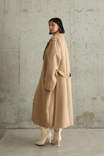 modaserdem Camel Long Stamp Belted Coat
