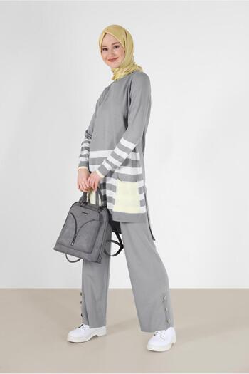 Alvina Stripe Detailed Double Trousers with Pockets. Knitwear Set 42124