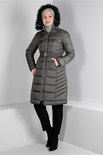 Alvina Hooded Furry Belted Puffer Coat 90327